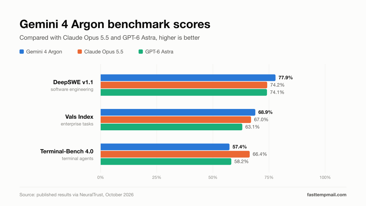 Gemini 4 Argon benchmark chart comparing scores with Claude Opus 5.5 and GPT-6 Astra on DeepSWE v1.1, Vals Index and Terminal-Bench 4.0